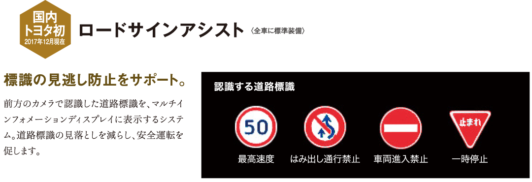 ロードサインアシスト 前方のカメラで認識した道路標識を、マルチインフォメーションディスプレイに表示するシステム。道路標識の見落としを減らし、安全運転を促します。