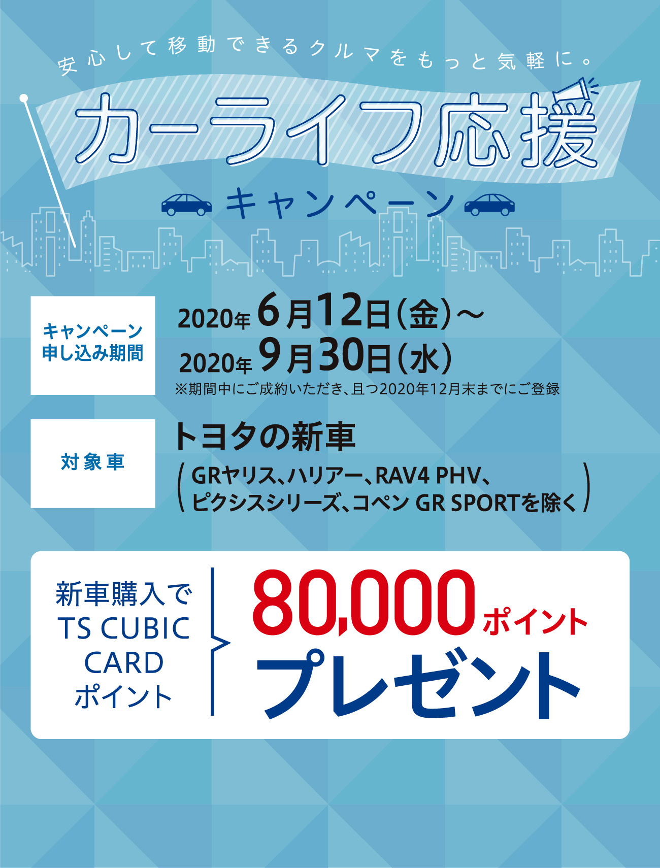 安心して移動できるクルマをもっと気軽に。カーライフ応援キャンペーン｜キャンペーン申し込み期間 2020年６月12日（金）〜 2020年9月30日（水）※期間中にご成約いただき、且つ2020年12月末までにご登録｜対象車 トヨタの新車（GRヤリス、ハリアー、RAV4 PHV、ピクシスシリーズ、コペン GR SPORTを除く）｜新車購入でTS CUBIC CARDポイント 80,000ポイントプレゼント