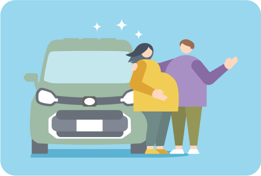 車の前で寄り添う妊婦とパートナーのイラスト