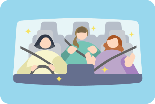 車に乗って楽しそうに出かける3人の女性のイラスト