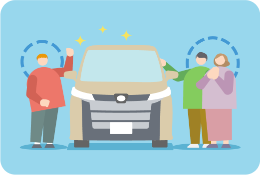 家族3人が新しい車の前で嬉しそうにしているイラスト