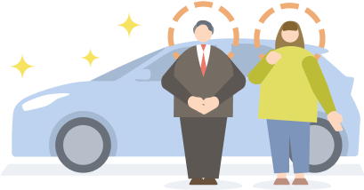 スーツ姿の男性スタッフと女性が青い車の前で並んで立っているイラスト