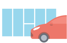 赤い車が建物の前に停まっているイラスト