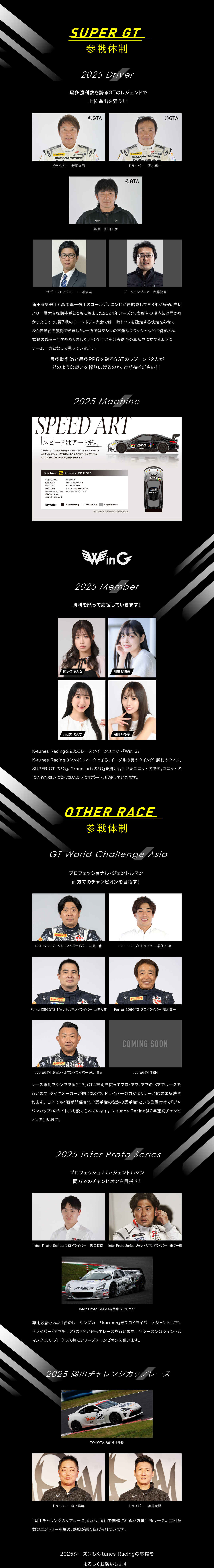 最多勝利数を誇るGTのレジェンドで上位進出を狙う！！ 新田守男選手と高木真一選手は、以前からのモータースポーツファンには良く知られたレジェンド的存在。1999年からチームメイトとなり、2002年にはシリーズチャンピオンに輝く。2010年までの12年間、コンビで常にSUPER GT GT300クラスのチャンピオン争いに加わり、12勝を挙げた。新田守男選手はK-tunes RacingのSUPER GT参戦当初からチームを牽引。全日本GT選手権参戦以来、通算22勝を挙げる。高木真一選手は、新田守男選手と最多勝を争い続け、積み重ねた勝利数は21。2019年には49歳にして17年ぶり2度目となるGT300クラス王者に輝いた。2022年にK-tunes Racingでコンビを復活！このニュースは発表と同時にGTファンから歓喜の渦が巻いた。また、K-tunes Racingとってもコンビ復活は歓迎された。ベテランドライバーだけあって、エンジニアなどチームに与える影響は計り知れない価値があったからだ。コンビ復活後2年目となる今シーズンは、より一層その価値を発揮してくれるだろう。レジェンドコンビでの上位進出を期待したい！