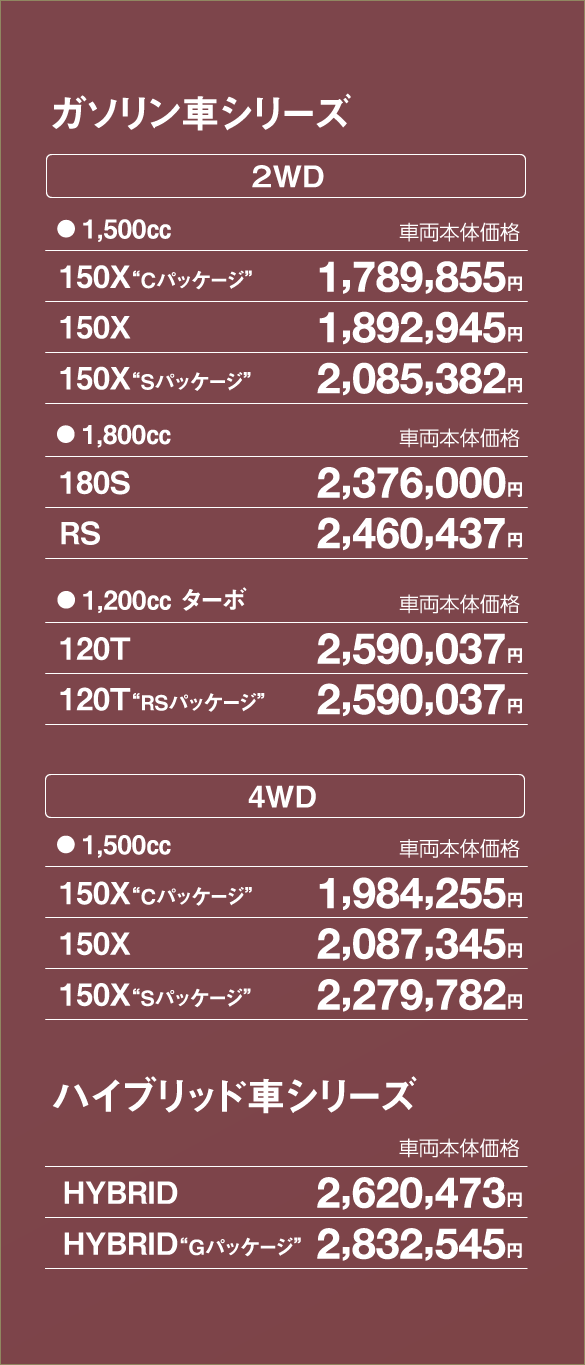 車両本体価格表