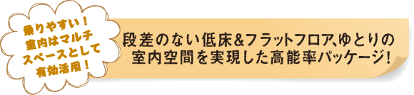 乗りやすい！室内はマルチスペースとして有効活用！段差のない低床＆フラットフロア、ゆとりの室内空間を実現した高能率パッケージ！