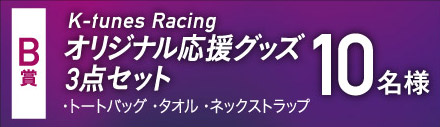 B賞 ケーチューンズレーシングのオリジナル応援グッズ３点セット（トートバッグ・タオル・ネックストラップ）を１０名様にプレゼント